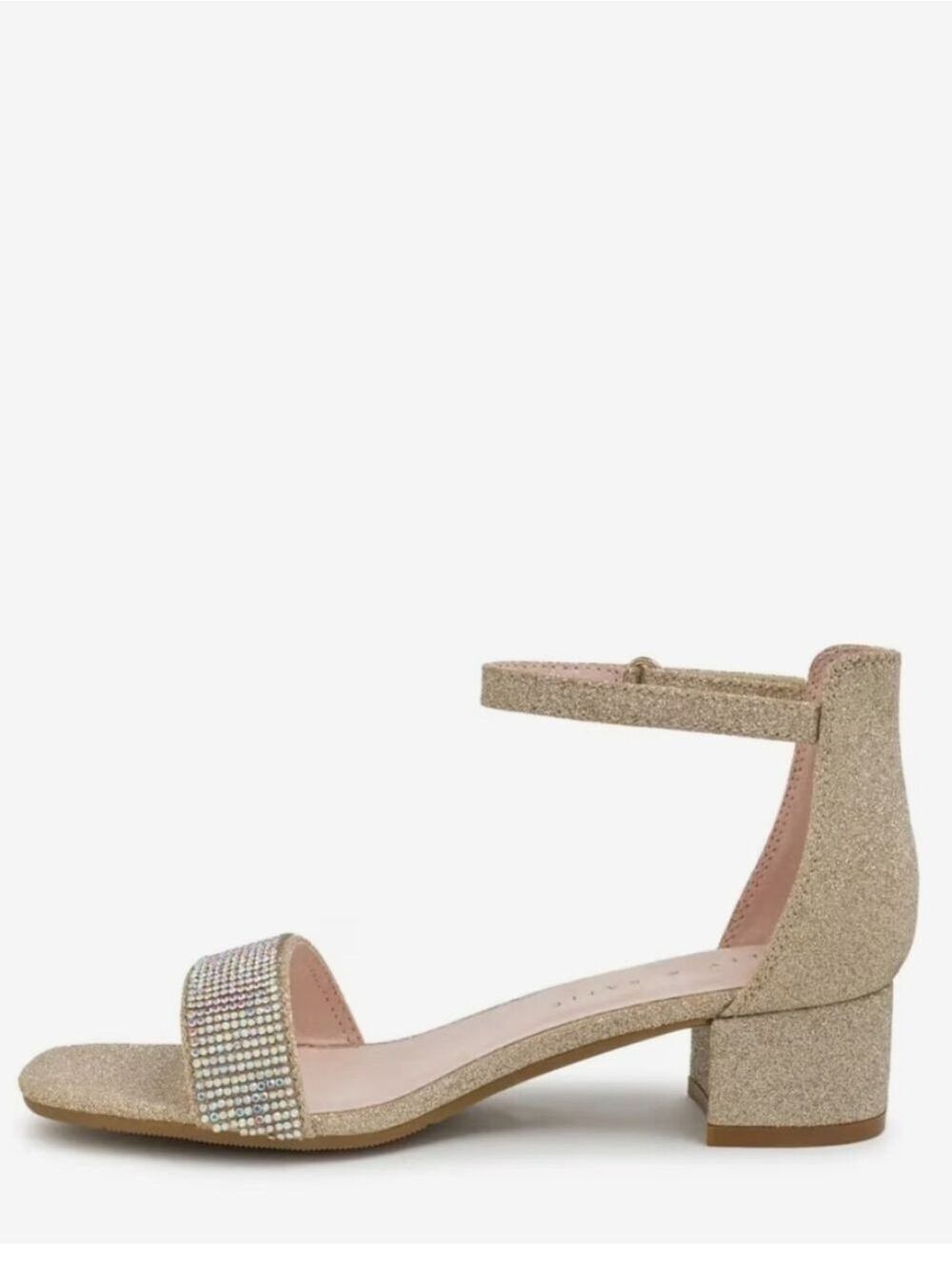 Kelly & Katie Gold Glitter Ankle Strap Block Heel with Crystal Toe Strap